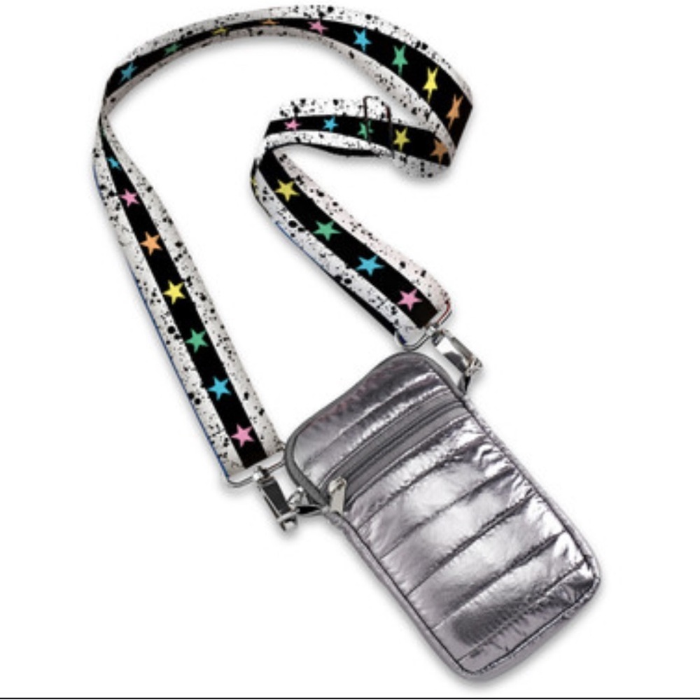 This is a Top Trenz Puffer Cell Bag with an original striped tie-dye strap